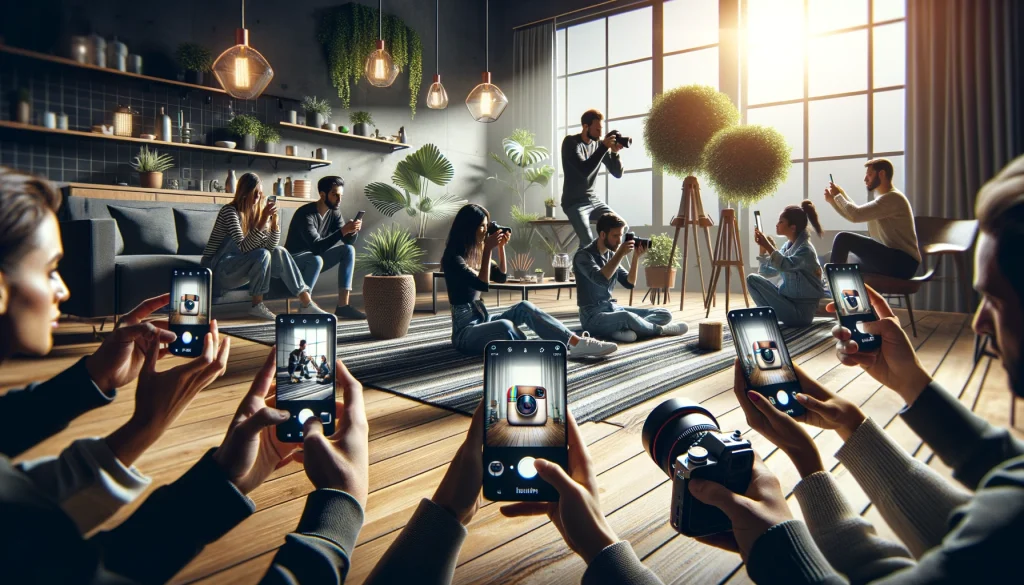 Group of people using smartphones and cameras to create high-quality Instagram content in a well-lit, stylish room.