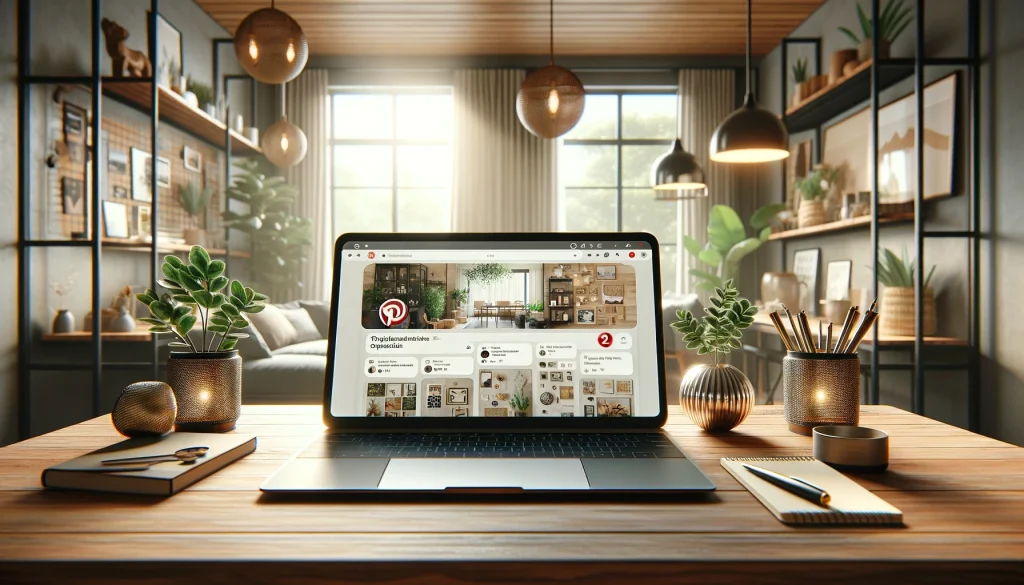 Modern laptop on a wooden desk showing how to get more reactions on Pinterestin a cozy, well-lit room.