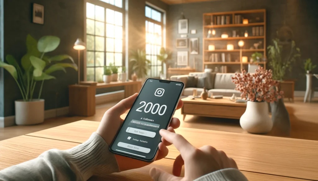 How to get 2000 Followers on Instagram in a day-Person using a smartphone to buy 2000 Instagram followers in a cozy, well-lit room.