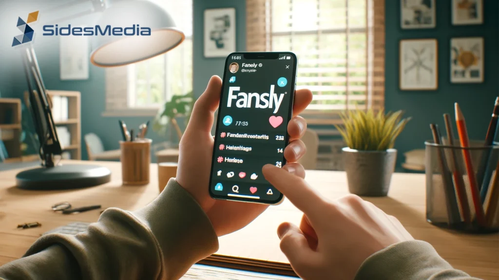 Person using the Fansly app on a smartphone, with the SidesMedia logo visible.