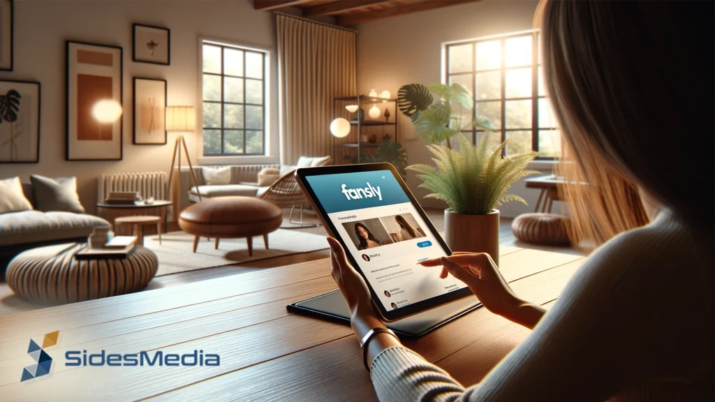 Purchasing Fansly Followers -Woman using a tablet displaying a Fansly profile page in a cozy, well-lit room.