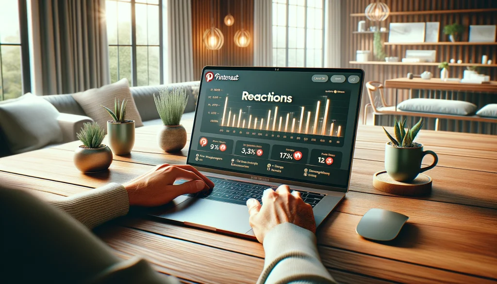 A person using a modern laptop on a wooden desk, analyzing Pinterest reactions in a stylish, well-lit room.